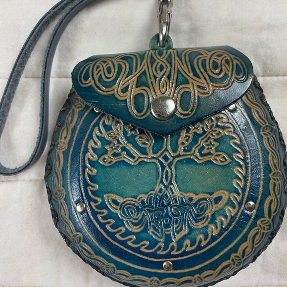 Teal Leather Clutch with Celtic Design - Picture 1 of 15